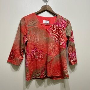 TanJay Petites Vintage Vibrant Abstract V-Neck 3/4 Sleeve Blouse Top Red